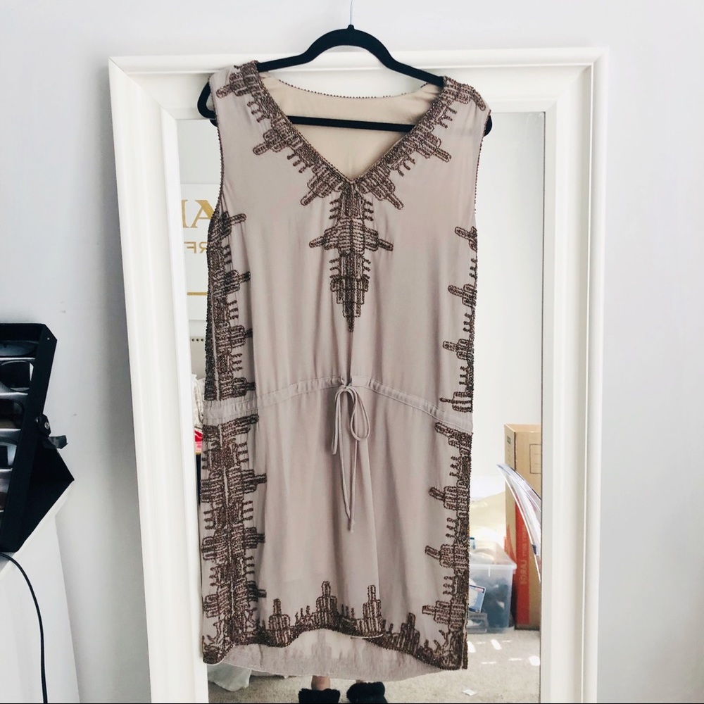Beaded V-Neck Taupe Sleeveless Mini Dress with Drawstring Waist